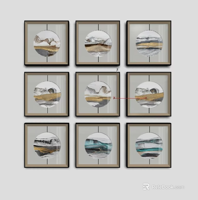 Nine Framed Circular Landscape Paintings with Abstract Natural Scenery and Neutral Earthy Tones 3d model 