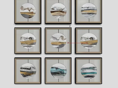 Nine Framed Circular Landscape Paintings with Abstract Natural Scenery and Neutral Earthy Tones 3d model