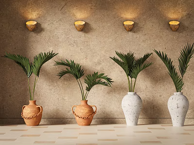 Indoor Potted Palm Plants With Terracotta And White Pots Against Beige Wall With Wall Sconces 3d model