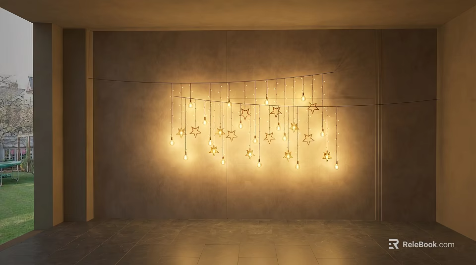 Star Shaped Hanging Decorative Lights Illuminated In Modern Room With Concrete Wall 3d model 