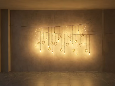 Star Shaped Hanging Decorative Lights Illuminated In Modern Room With Concrete Wall 3d model