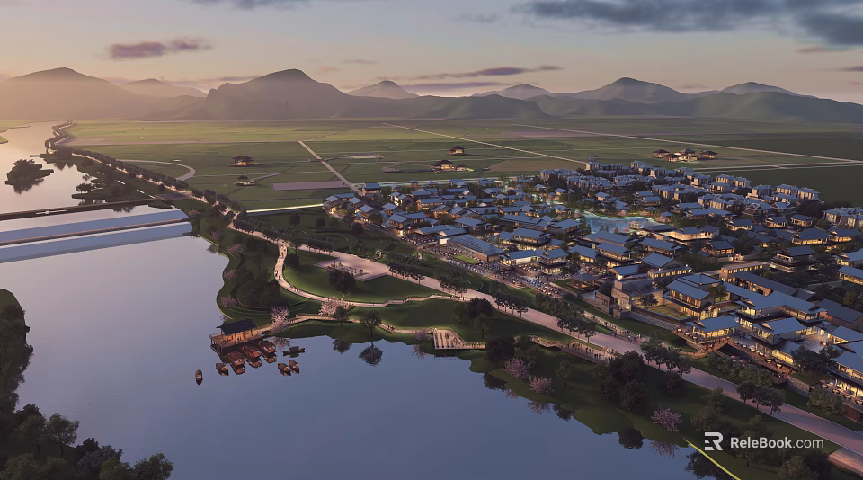 Aerial Planning of Scenic Lakefront Urban Complex With Distant Mountains Greenery And Waterfront Roads 3d model 