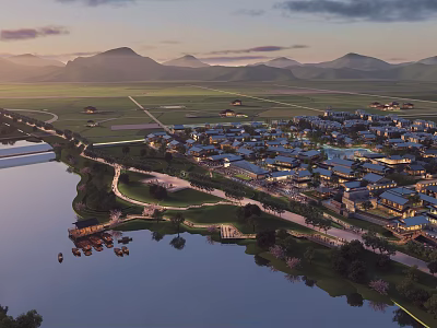 Aerial Planning of Scenic Lakefront Urban Complex With Distant Mountains Greenery And Waterfront Roads 3d model