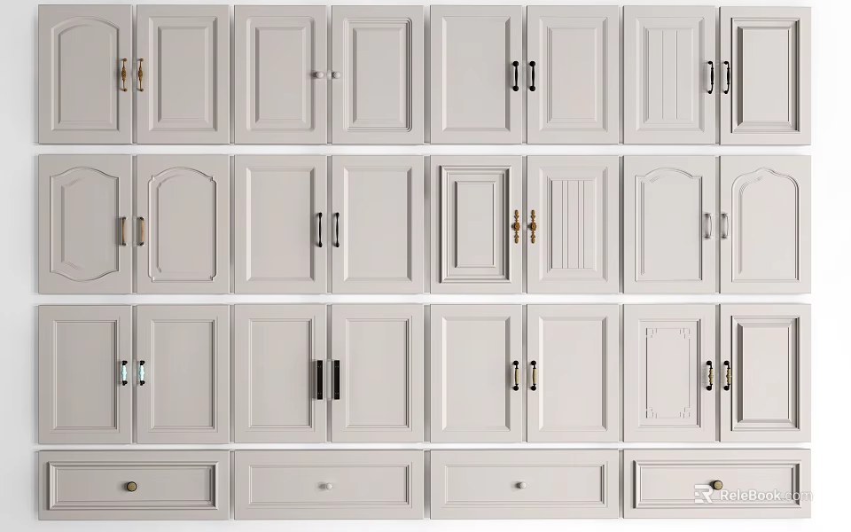 Various Style Cabinet Door Handles On White Cabinet Doors With Mixed Finishes 3d model 