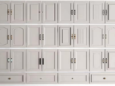 Various Style Cabinet Door Handles On White Cabinet Doors With Mixed Finishes 3d model