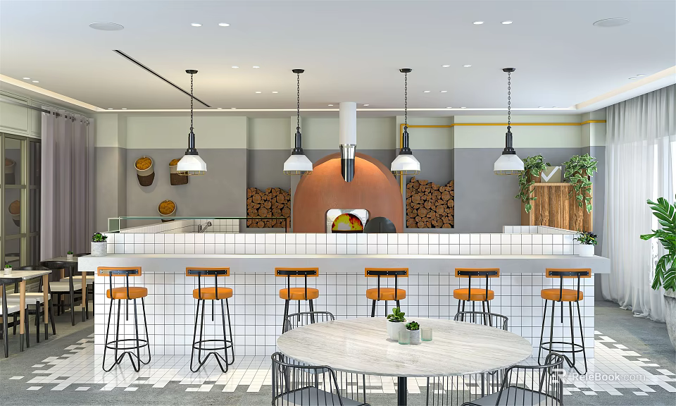 Modern Bubble Tea Shop Interior With Bar Counter Stools And Hanging Pendant Lights 3d model 