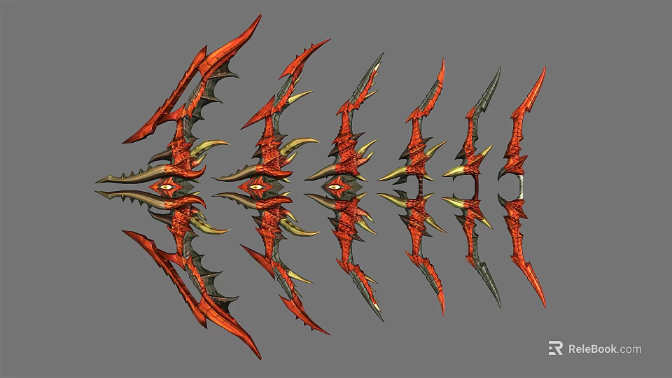 Red And Gold Spiked Winged Decorative Design Elements Arranged In Row 3d model 