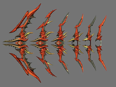 Red And Gold Spiked Winged Decorative Design Elements Arranged In Row 3d model