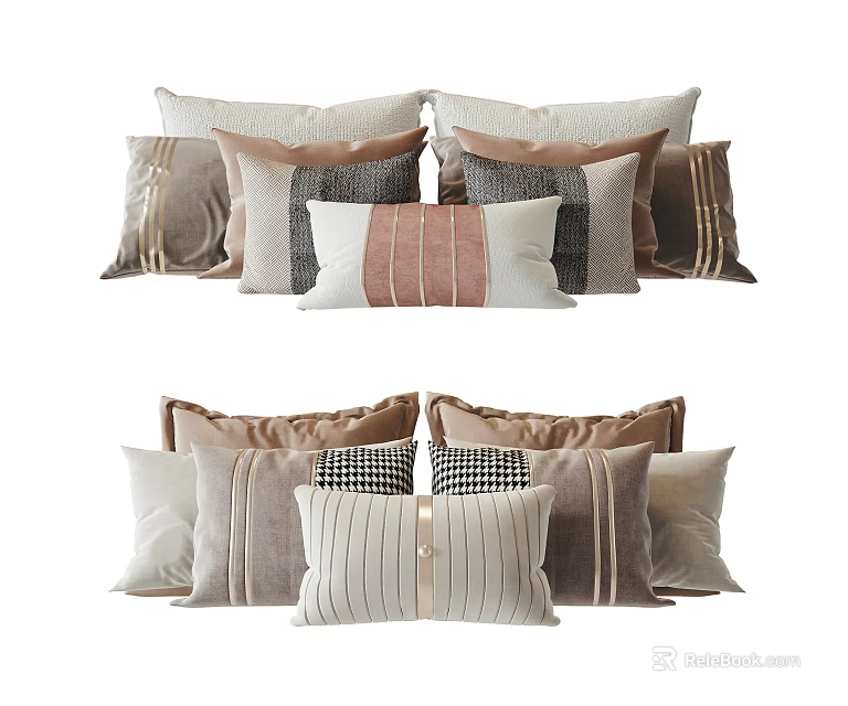 Stylish Decorative Pillows With Assorted Patterns Colors And Fabric Textures For Home Decor 3d model 