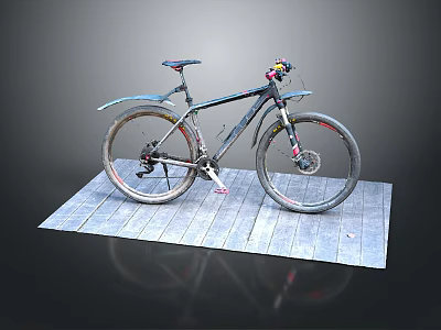 Mountain Bike With Fenders Displayed On Wooden Platform Against Black Background 3d model