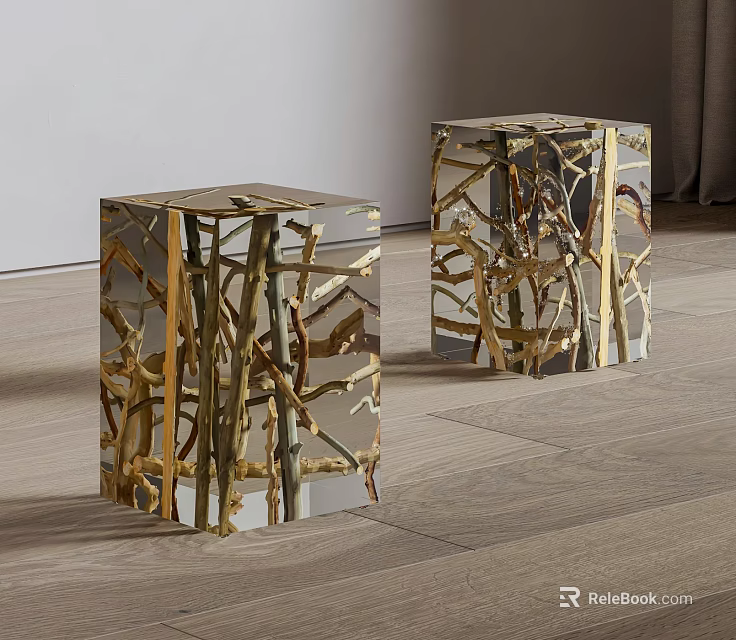 Transparent Cube Stools With Golden Branch Structure For Modern Home Decor 3d model