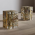 Transparent Cube Stools With Golden Branch Structure For Modern Home Decor 3d model