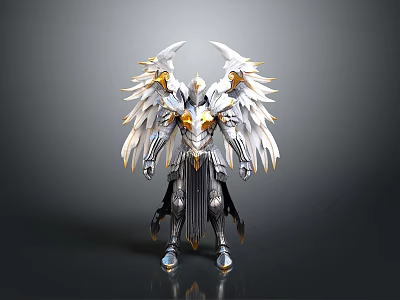 Divine Angelic Warrior Character With Silver Gold Armor And White Feathered Wings 3d model