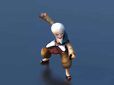 3D Animated Game Character With White Hair And Beard In Traditional Clothing Striking Dynamic Pose 3d model