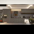 Modern Living and Dining Room Interior With Beige Sofa Marble Coffee Table and Artwork