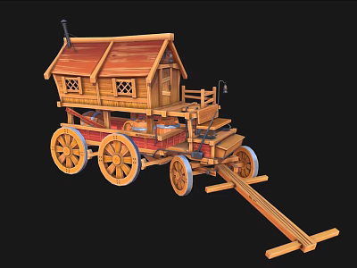 Wooden Carriage Featuring House like Structure Red Roof Windows and Wheels 3d model