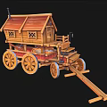 Wooden Carriage Featuring House like Structure Red Roof Windows and Wheels