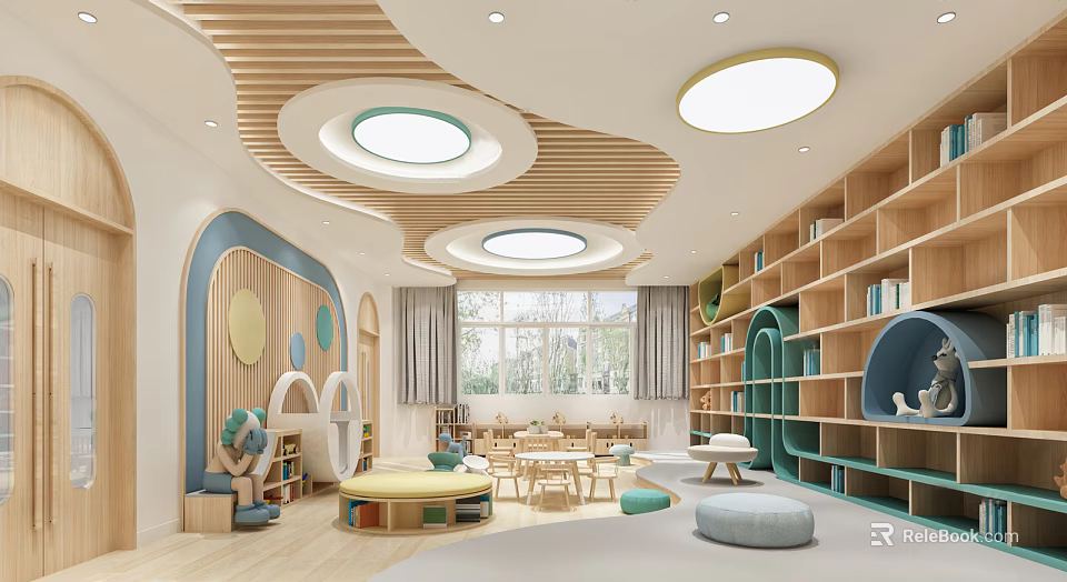 Bright Kindergarten Interior With Wooden Slatted Ceiling Round Lights Curved Bookshelves And Soft Poufs 3d model 