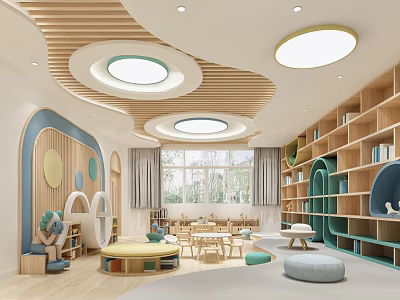 Bright Kindergarten Interior With Wooden Slatted Ceiling Round Lights Curved Bookshelves And Soft Poufs 3d model