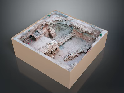 Archaeological Site Model With Square Structure Dirt Stone Ruins And Green Markers 3d model