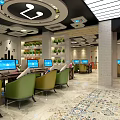 Modern Internet Cafe Interior Design With Computers Green Yellow Chairs And Marble Floor