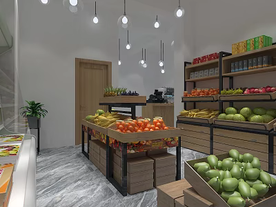 Fresh Fruit Store Interior With Colorful Fruits Display Shelves Hanging Lights And Green Plants 3d model