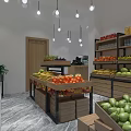 Fresh Fruit Store Interior With Colorful Fruits Display Shelves Hanging Lights And Green Plants