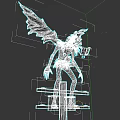 Game Movie Character With Large Black Wings Standing On Cross Platform Holding White Paper