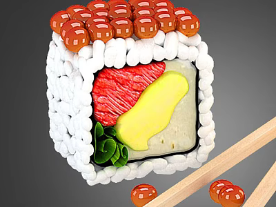 Delicious Sushi Roll Topped with Roe and Filled with Salmon Avocado Green Leaves with Chopsticks 3d model
