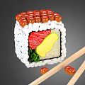 Delicious Sushi Roll Topped with Roe and Filled with Salmon Avocado Green Leaves with Chopsticks