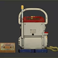 Vintage Computer Device With Red White Casing Yellow Button And Blue Base Design