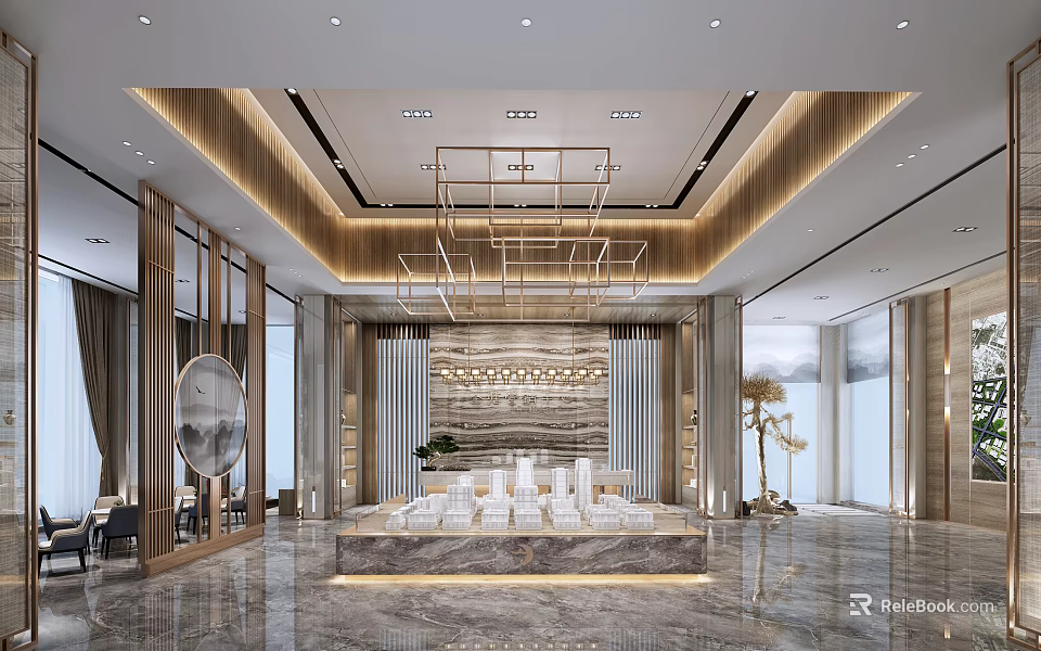 Modern Luxury Sales Office Interior Design With Marble Decor Chandelier And Model 3d model 