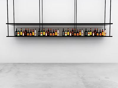Modern Hanging Wine Rack With Black Metal Shelves And Bottles On White Wall Gray Floor 3d model