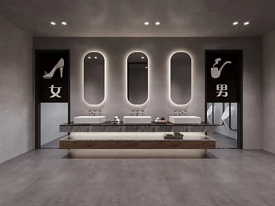 Modern Public Restroom Design With Three Oval Mirrors Marble Vanity And Gender Signs 3d model