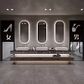 Modern Public Restroom Design With Three Oval Mirrors Marble Vanity And Gender Signs