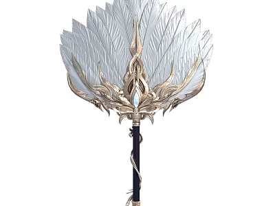 Ornate Fantasy Weapon With Golden Dragon Carving Transparent Feather And Black Staff Design 3d model
