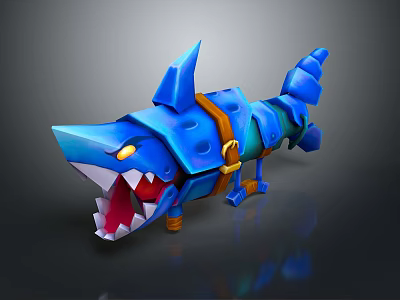 Cartoon Style Blue Mechanical Shark with Open Mouth Red Teeth Yellow Eyes and Harness 3d model