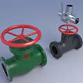 Green And Gray Industrial Valves With Red Handwheels And Flanges