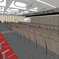 Modern Conference Room Interior With Rows Of Red Seats And Circular Ceiling Fixtures