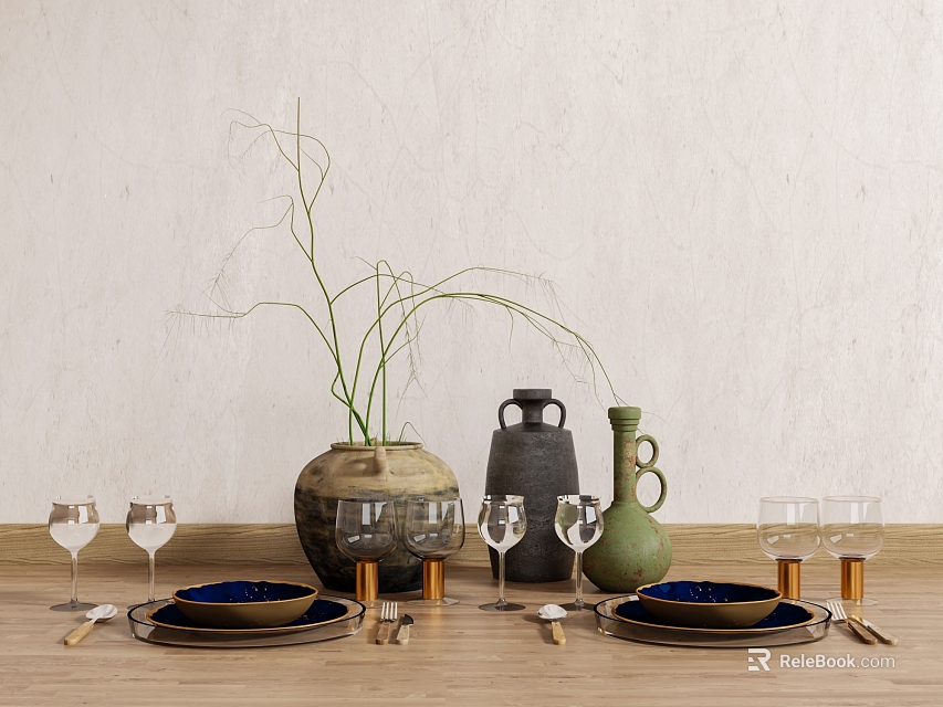 Tableware Set With Plates Bowls Wine Glasses Vases On Wooden Table 3d model 