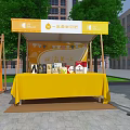 Colorful Outdoor Stalls With Orange And Yellow Canopies Near Trees And Buildings