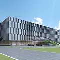Modern Office Building Exterior Design With Striped Facade Central Entrance Green Lawn And Parking Area