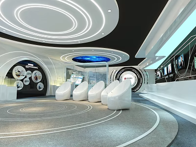Futuristic Exhibition Interior Featuring Circular Ceiling Ring Lights And Streamlined White Seats 3d model