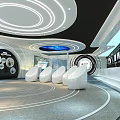 Futuristic Exhibition Interior Featuring Circular Ceiling Ring Lights And Streamlined White Seats 3d model