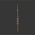 Spiral Bladed Sword With Golden Hilt On Gray Background And Reflection