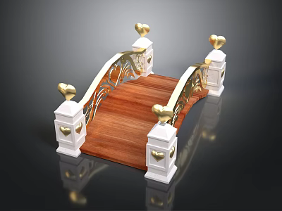 Elegant Wooden Bridge With White Ornate Railings And Golden Heart Decorations 3d model