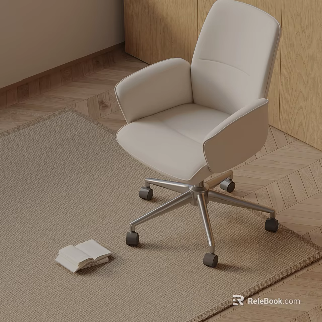 Light Colored Leather Office Chair With Armrests Metal Casters On Beige Rug And Open Book 3d model 