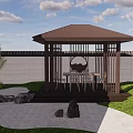 Courtyard Garden Featuring Metal Frame Wooden Pavilion Table Chairs Green Plants Stones And Lawn