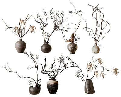 Various Shaped Vases With Dried Branches In Brown Gray Tones For Decorative 3d model