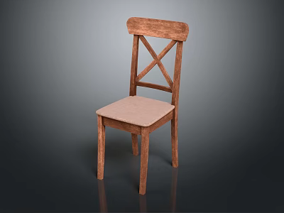 Wooden Dining Chair With Cross Back Design And Light Colored Padded Seat 3d model
